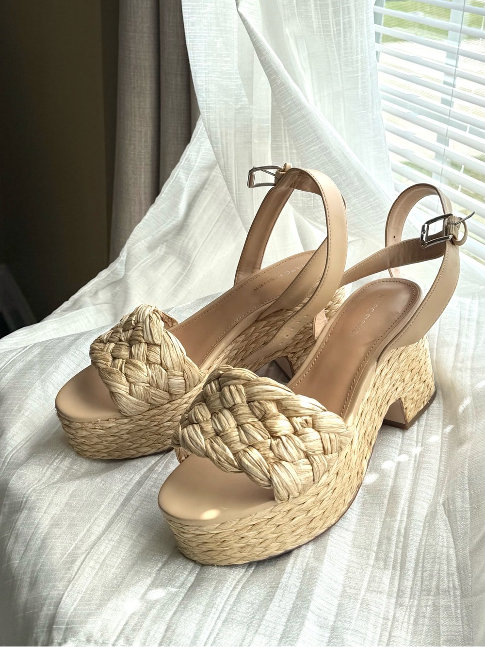 Marc Fisher Braided Raffia Platform Slingback Sandals in Natural Beige